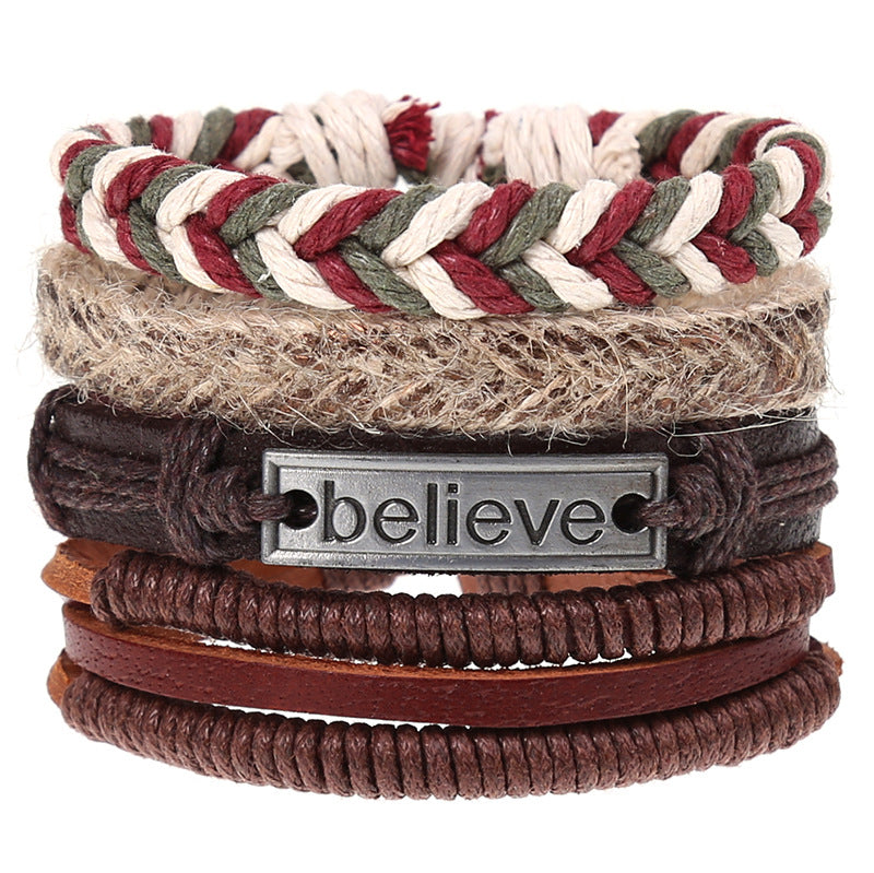 New Vintage Braided Combination Set Cowhide Hand Rope Popular Diy Leather Bracelet Prop
